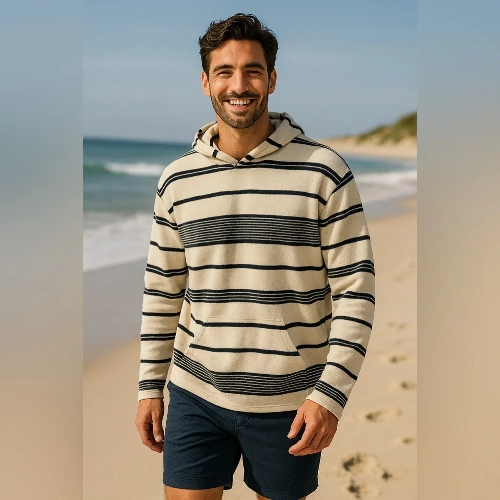 AE Striped Terry Baja Hoodie Relaxed Breathable Comfort Beach Surfer L